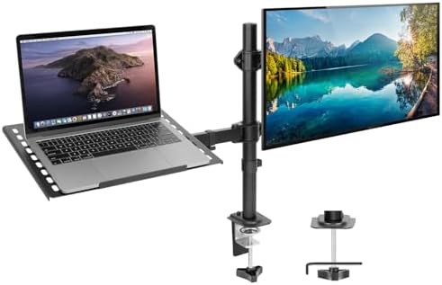 Dual monitor arm and ventilated laptop tray