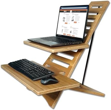Acacia Wood Standing Desk Converter with Trays — photo 4
