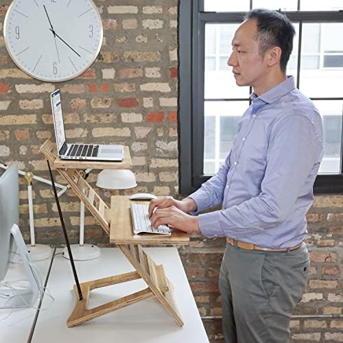 Acacia Wood Standing Desk Converter with Trays — photo 5